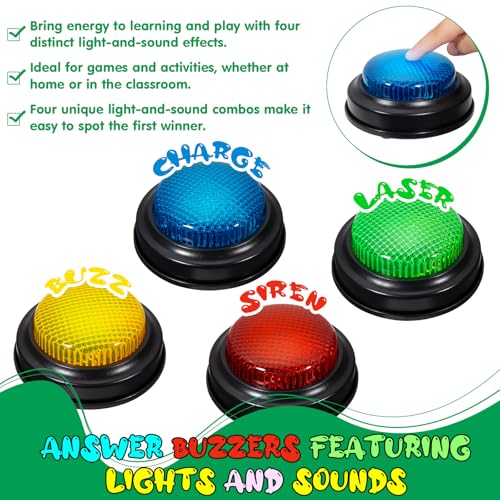 Image of Set of 4 Trivia Game Buzzers with Lights & Sound, Family Feud & Jeopardy Quiz Buttons for Classroom, Party Games, Red /Blue /Yellow /Green