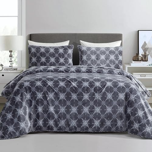 Elegant Comfort Luxuriously Soft 4-Piece Holiday Velvet Plush Flannel Sheet Set - Premium Quality - Cozy Warm, Christmas Fuzzy Velvet Flannel Fleece Deep Pocket Sheet Set - Twin XL, Gray Snowflake
