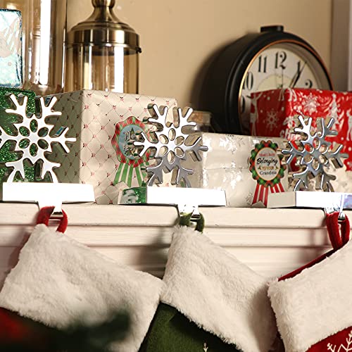 5 Pieces Christmas Stocking Holders Snowflake Stocking Hangers 3D Silver Metal Snowflake Mantel Stockings Holders for Christmas Holiday Fireplace Decoration