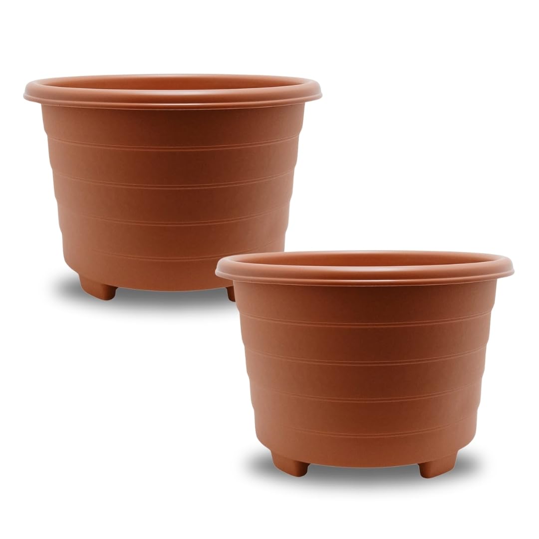 SIDSONS Large Terracotta Planter 32cm - Plastic Plant Pots, Indoor Flower Pot, Outdoor Garden Patio Planters, Marked Drainage Hole, Round Planter With Feet, Herb Plant Container (2, 32cm Terracotta)