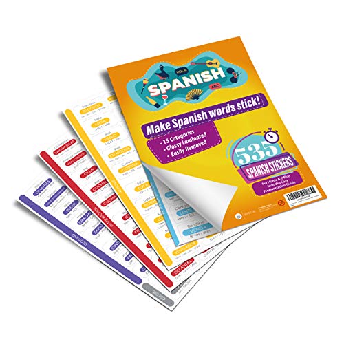 Briston 535 Spanish / English Vocabulary Word Stickers Labels (with Pronunciation & Translation) for Beginners - Learn at Home