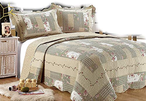 All for You 3-Piece Reversible Bedspread/ Coverlet / Quilt Set-Beige, Pink, Burgundy and Gray Green Prints (Oversize King 110"x120")