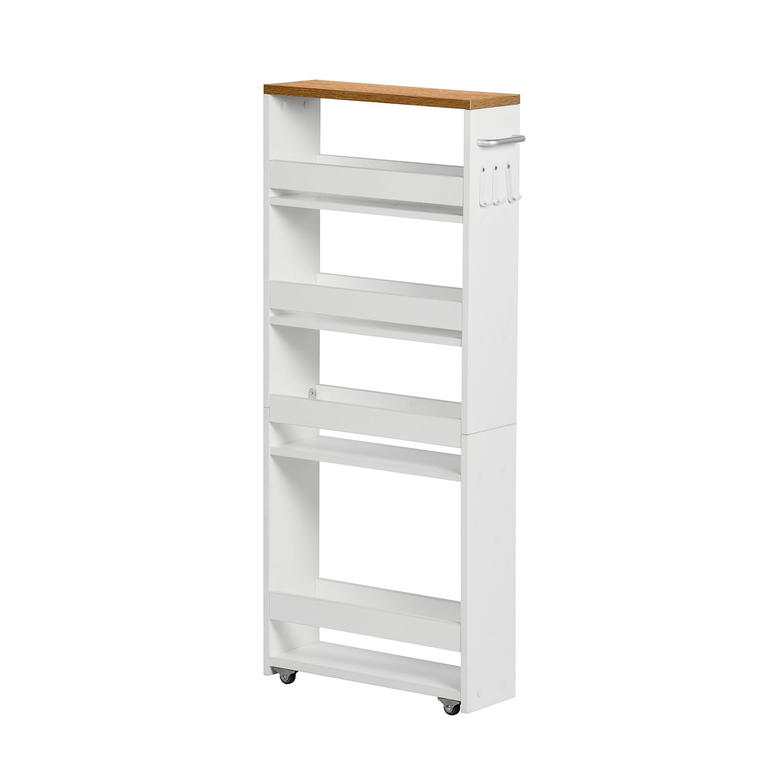 Rollwagen 5 Ebenen, Küchenwagen schmal, Nischenregal auf Rollen, Stahl, Griff, für kleine Räume, 40 x 15 x 100 cm, Küche, Bad, Wohnzimmer, Arbeitszimmer, Eichenfarben + Weiß