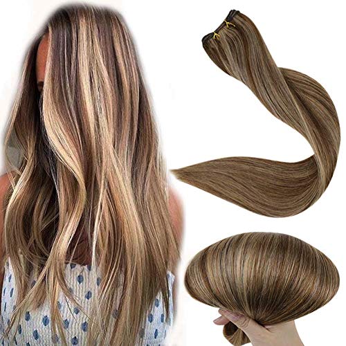 Full Shine Hair Weft Sew In Extensions Color 4 Highlight 27 Caramel Blonde Human Hair Bundles 20 Inch Straight Hair Weave In Extensions 100 Gram Real Brazilian Hair Braiding Extensions