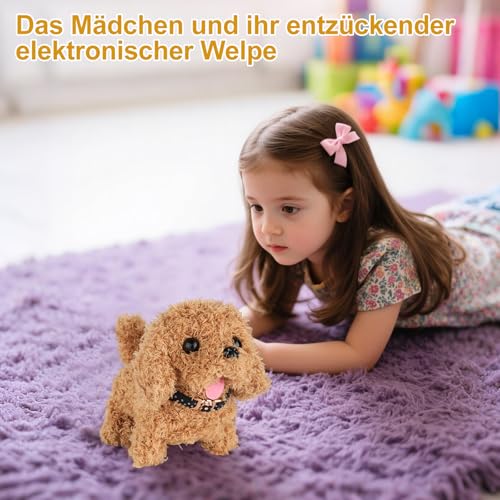 YELKOEYN Roboter Hund Spielzeug - Kuscheltier Hund Mit Leine der Läuft und Belltschwanzwedelnd und Geräuschgebend, Golden Retriever Roboter Welpen Puppy Dog für Kinder (A)