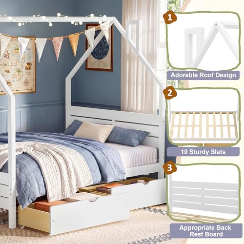 Image of Full Size House-Shape Platform Bed with Headboard and 2 Storage Drawers, Montessori Wood Bed Frame with Roof and Chimney Design, No Box Spring Needed, Easy Assembly (White-06, Full)