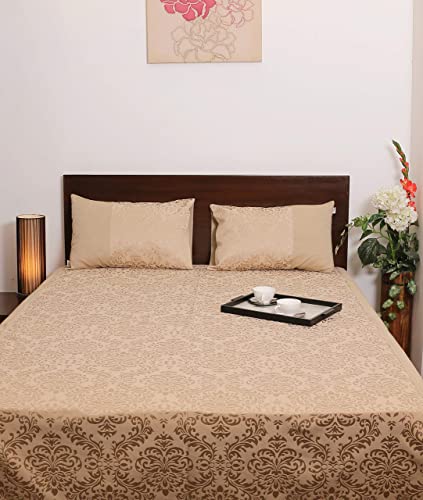 Image of Self Design Double Jacquard with Chambray Cotton Bedsheets /Gold Designer Bedcovers for King Size Bed with 2 Pillow Cover.(Double, Gold)