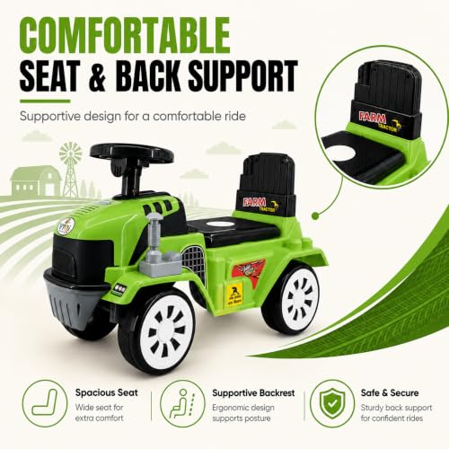 Image of Farm Tractor Ride On Toy for Kids 2-5 Years, Foot-to-Floor Manual Ride On with Comfortable Backrest, Easy-Grip Steering Wheel, Wide Wheels, Indoor & Outdoor Ride On Toy for Boys & Girls