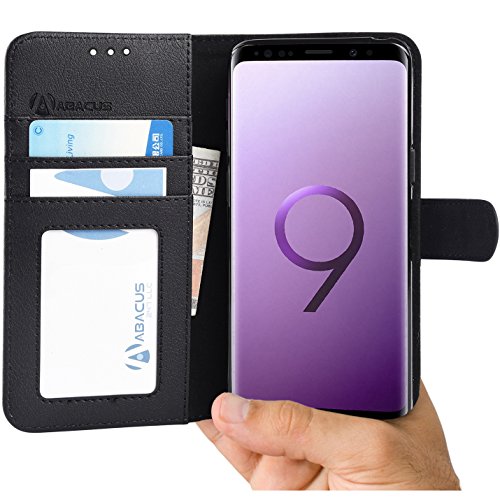 Coque Galaxy S9, Abacus24-7® Etui à Rabat en Cuir, Housse de Protection pour Galaxy S9, Format Portefeuille avec Emplacements Carte, Fonction Support et Languette Aimantée - Noir