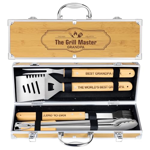 Grilling Accessories, 4-Piece BBQ Tools Set with Aluminum Case - Father’s Day & Birthday Gift for Grandpa, Stainless Steel & Bamboo Handle for Outdoor Grilling