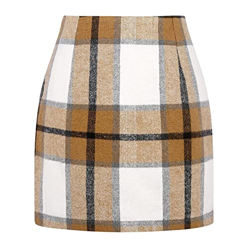 Pencil Skirt for Women Plaid Casual High Waisted Bodycon Mini Skirt Vintage Wool Tweed Plaid Mini Skirt