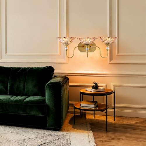 Image of Vintage Gold Bathroom Vanity Light, 3-Lights Matte Antique Brass Finish with Flower Shaped Amber Glass Shades Light Fixture for Bathroom, Hallway