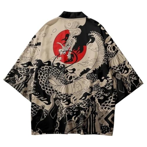 Open Front Cardigan with Dragon Print Traditional Samurai Kimono for Men Loose Beach Blouse for Summer Outdoor Sun Protection2