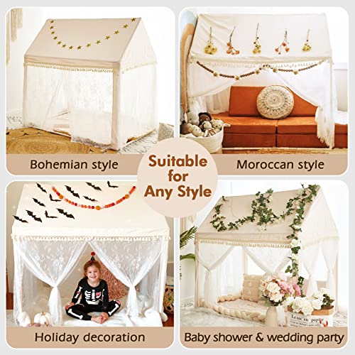 Han-Mm Kids Play Tent Large Playhouse With Mat/Star Light/Star Garland/Tassel Macrame Boho Style Indoor&Outdoor Play Tent For Kids, Neutral Color, 52X35X52 #TOP2