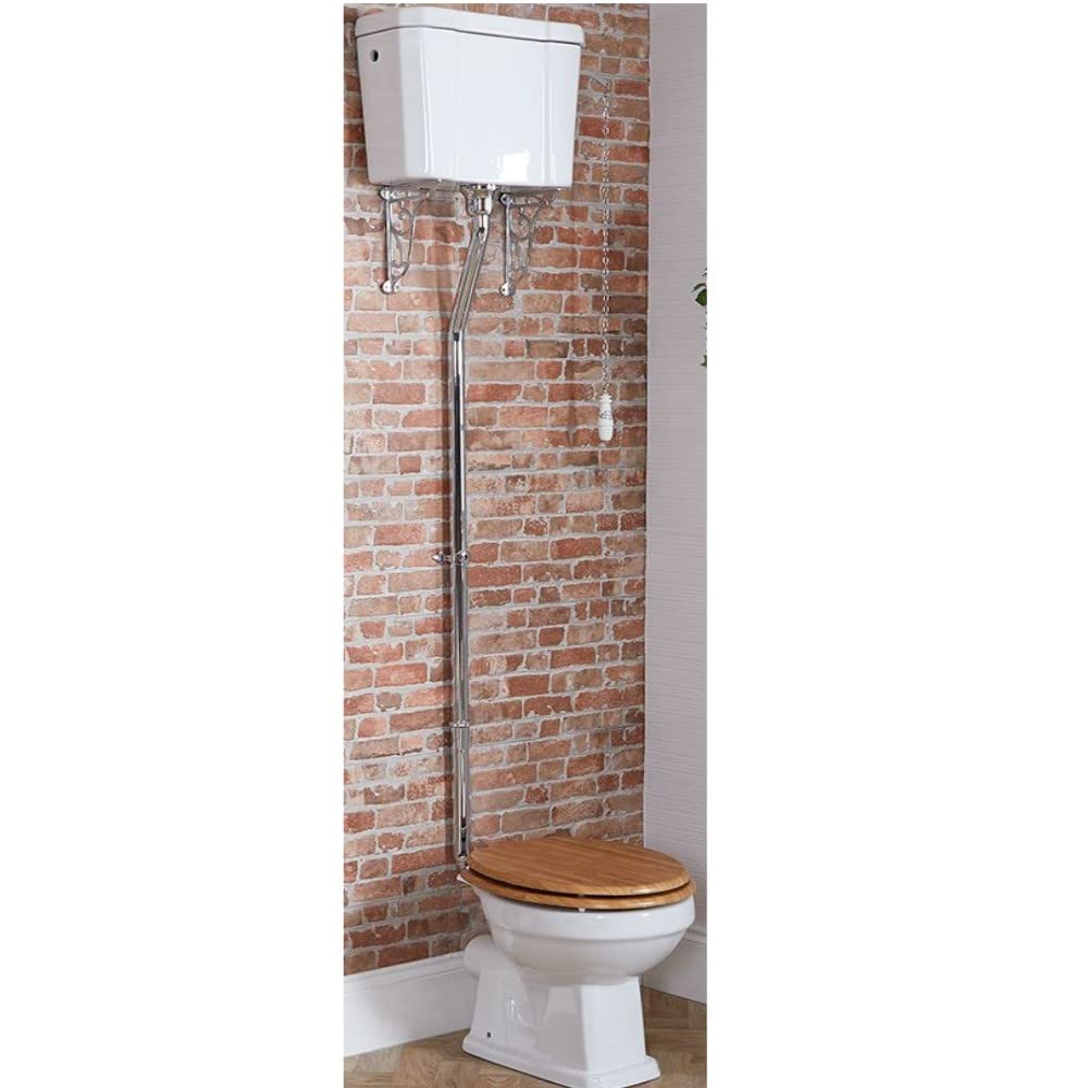 Milano Chrome Richmond Comfort Height Toilet Wc Pan High Level Cistern Oak Effect Seat - Flush Kit