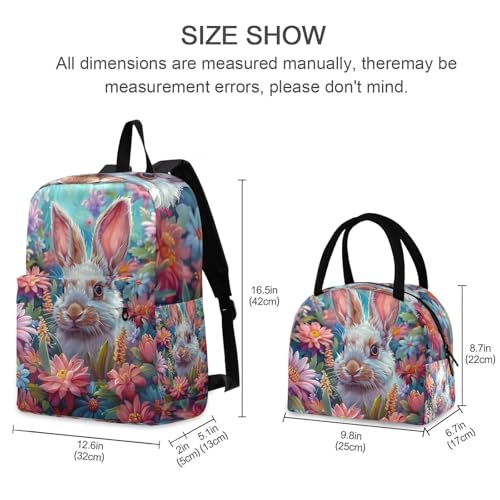 Bookbag Lunch Box Set Waterproof Insulated Cooler Bag, Youth Backpacks, Cute Easter Rabbit Colorful Flowers2