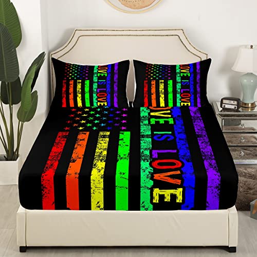American Flag Bed Sheets Rainbow Flag Gay Pride Bedding Set Queen For Teens Adults,Lgbt Pride Fitted Sheet Colorful Stripes Bedding Decor Set Graffiti Style Bed Sheets With 2 Pillowcases #TOP1
