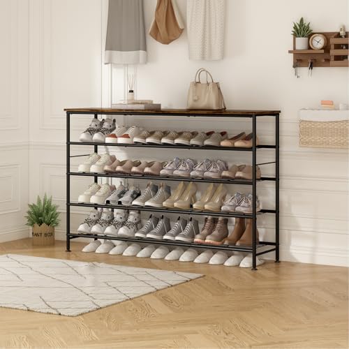 Image of SUOERNUO Shoe Rack 5 Tier Shoe Storage Organizer Metal Mesh Shelves with MDF Top Board for Entryway, Hallway, Closet,Bedroom,Living Room (Black+Rustic Brown, Large 5 Tier)