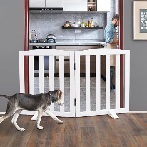 ZJSF Foldable Freestanding Indoor Dog Gate for House Wood White Long Pet Gates Dog Fence for Stairs Puppy Gates for Hallways,Pet Fence, Puppy Gate,Support Feet Included 24 "Height-2 Panels - Image 3
