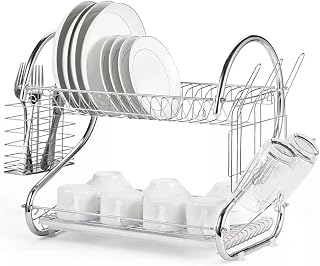 Dish Drainer Rack, 2 Tier Metal Draining Rack with Drip Tray, Dish Drying Rack with Cup Holder and Cutlery Holder, Rust-proof Dish Rack, Sink Drainer Rack for Kitchen Countertop Organiser - Silver