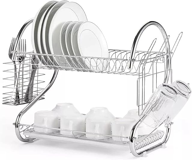 Dish Drainer Rack, 2 Tier Metal Draining Rack with Drip Tray, Dish Drying Rack with Cup Holder and Cutlery Holder, Rust-proof Dish Rack, Sink Drainer Rack for Kitchen Countertop Organiser - Silver