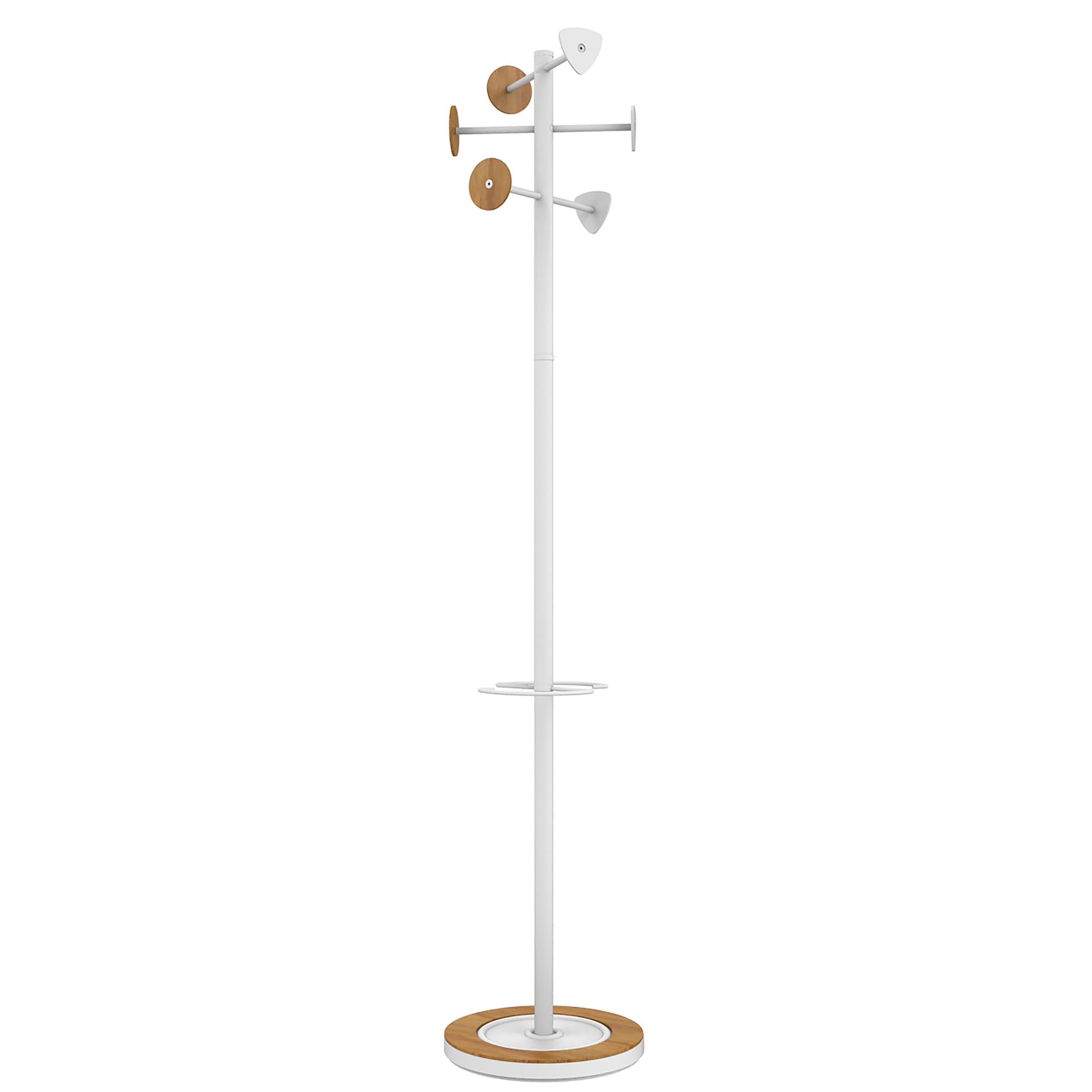 UniluxBORA BAMBOO Standing Coat Rack White Bamboo 6 Coat Hooks Umbrella Holder and Drip Tray