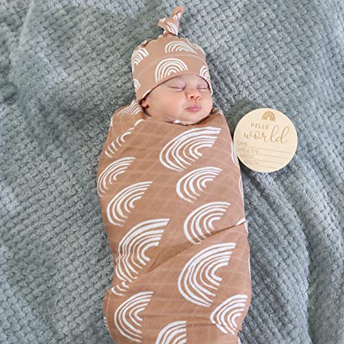 Image of BabyWhale Muslin Swaddle Blanket with Hat and Headband Bow, Boho Rainbow Pattern Swaddle Set for Baby Boys & Girls, Unisex Silky Soft Breathable Receiving Wrap, 47x47 inches, Brown