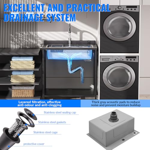 Image of Stainless Steel Utility Sink, 36.6 inch x 24.2 inch x 36.6 inchFreestanding Sink with Cold and Hot Water Faucet,Hoses and Drain Kit for Kitchens, Bathrooms, Garage, Laundry Room