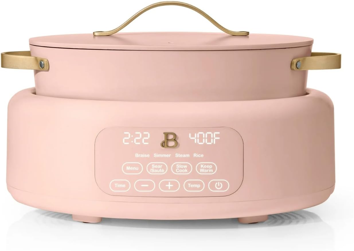 Beautiful 10-in-1 Electric Multi-Cooker, 6-QT Capacity, 7 Preset Functions, Saute, Slow Cook, Braise, Steam, Dishwasher Safe, Oven Safe, Durable Stainless Steel Handles (Rose)