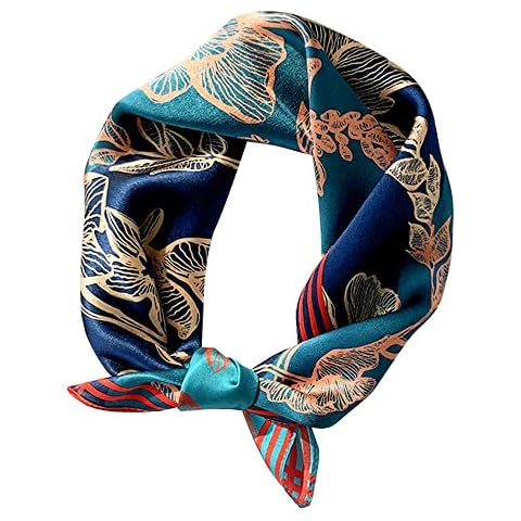 MEISEE Pure Natural Mulberry Silk Scarfs Women Small Square Scarf 21" x 21" Breathable Lightweight Neckerchief Printed Headscarf (Red + blue flowers) Cover