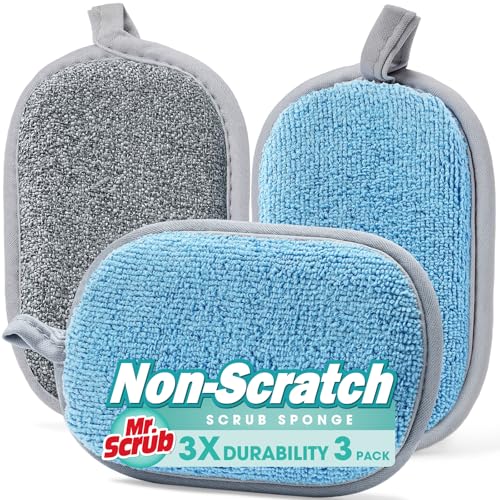 Image of Sponges Kitchen Dish Sponge for Washing Dishes Cleaning Kitchen, All-Purpose, 3 Pack, Non Scratch, Rough Scrubbers Side for Non-Stick Cookware, Soft Microfiber Scrub Side for Dishes, Mr. Scrub