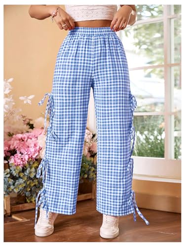 Floerns Women's Gingham Print Elastic Waist Slit Tie Sides Straight Leg Pants3