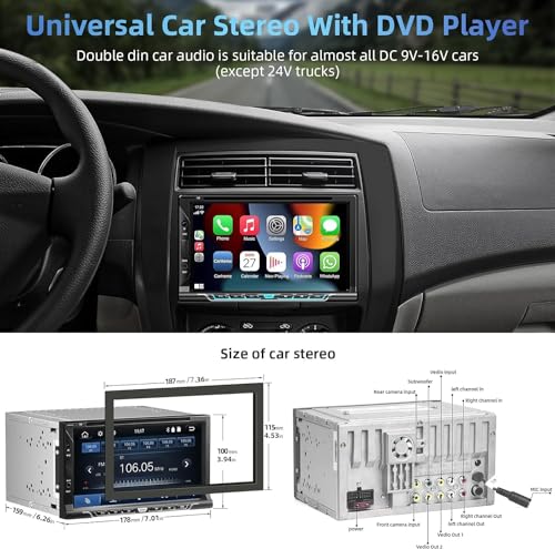 Image of 7 Inch Double Din Car Radio Stereo with CD /DVD Player Carplay&Android Auto | Support Bluetooth and Backup Camera, Touch Screen, Mirror Link, Steering Wheel Control, USB /TF /AUX Input, AM /FM Radio