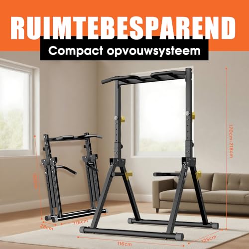 DH FitLife Opvouwbare Power Tower Dip Station | Vrijstaande optrekstang tot 150 kg met dipbars en haltersteunen | Krachtstation Krachttoren | Fitnessstation | Power Rack voor Thuisgym - Afbeelding 4