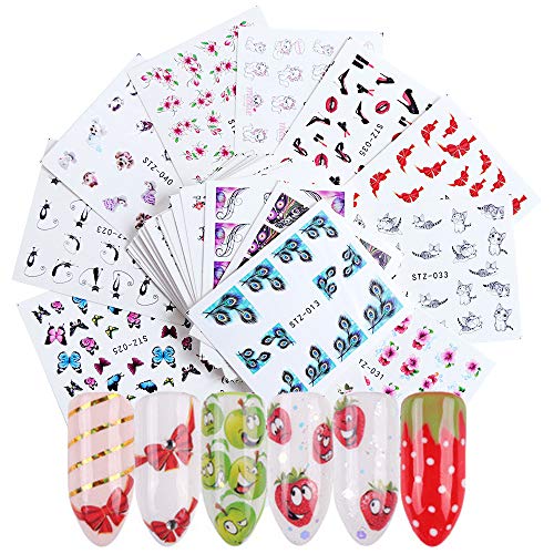 Nail Art Decoration Stickers Decals 40 Sheets Flower Fruit Butterfly Cat Bowknot Strawberry Design Water Transfer Nail Art Stickers for Nails Beauty Decor Accessories Manicure Tips Wraps Charms