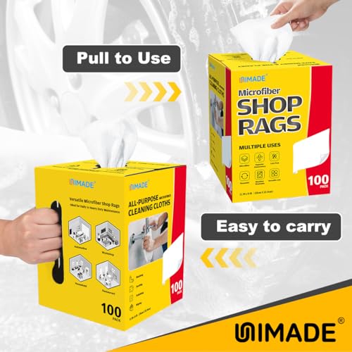 Image of UNIMADE Shop Rags, 4 Boxes - 400 Sheets Microfiber Cleaning Cloth | Commercial Grade Washcloths Lint-Free Bulk Shops Towels for Cars Mechanic Restaurant Garage Housekeeping, 11 inchx 9 inch, White