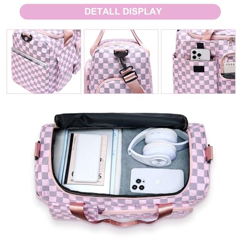 Image of BEULPTN Small Gym Bag for Women, Travel Duffel Bag Carry On Weekender Bag with Shoe Compartment, 39#pink Checkered