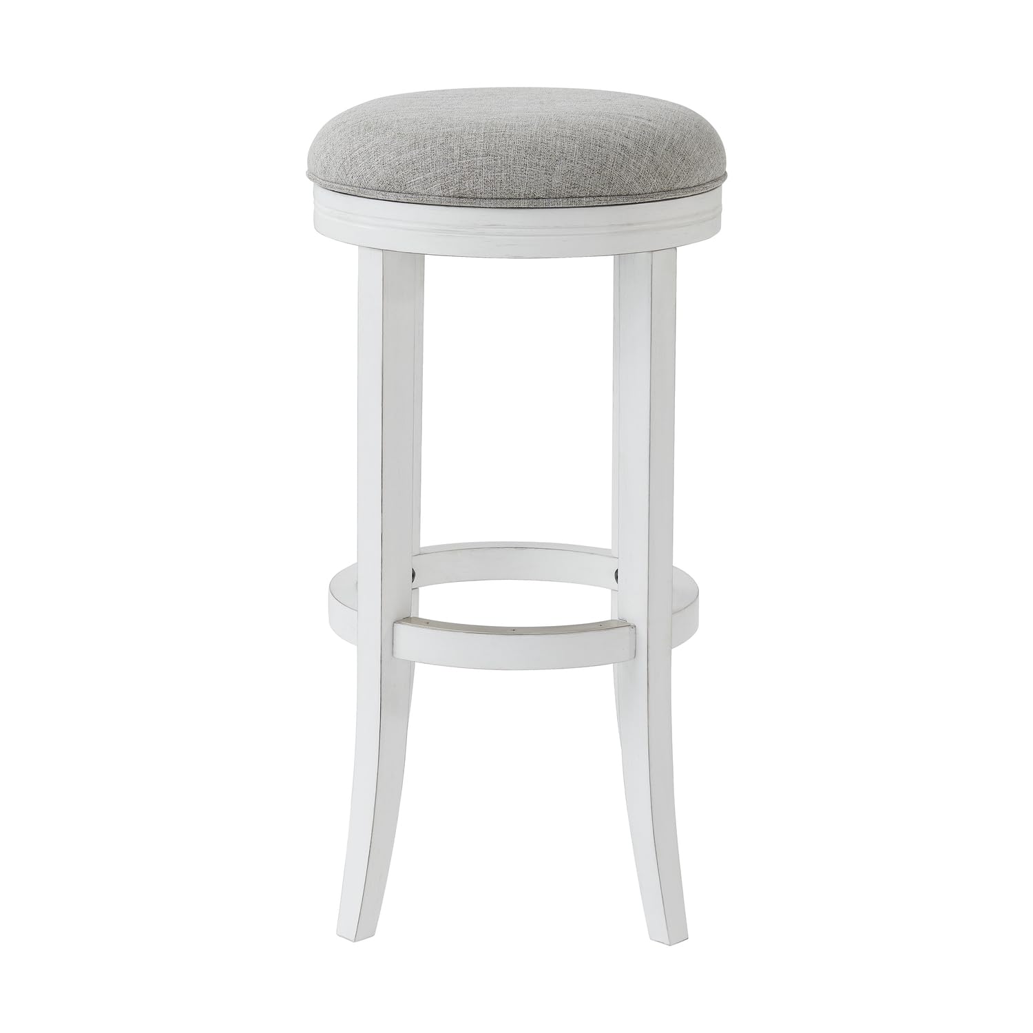 New Ridge Home Goods Avery 31in. Bar-Height Wood Backless Barstool with Upholstered Grey Swivel Seat, White Frame