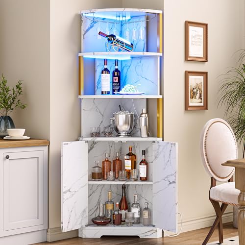 IRONCK 71'' Corner Bar Cabinet with LED Lights, 5-Tier Wine Rack with Power Outlets, Glass Holder and Door, Liquor Cabinet for Home Bar & Coffee Bars, White & Gold - Image 6