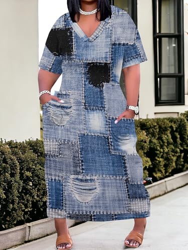 Image of SUZONANA Plus Size Denim Print Maxi Dresses for Women Casual V Neck Short Sleeve with Pockets Soft Jean Look Dress XL-6XL