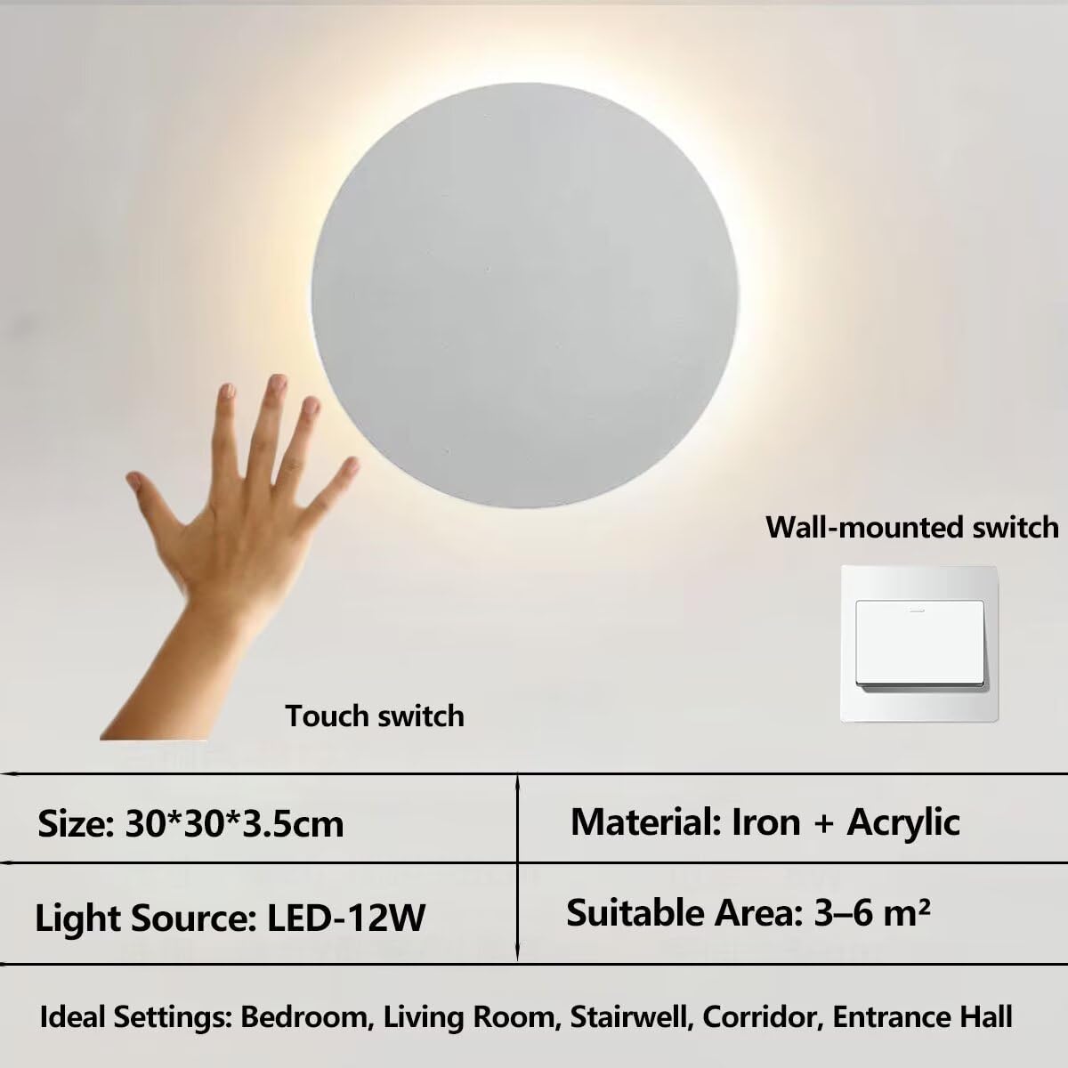 Wandlampe Rund mit Touch/Wandsteuerung Schalter, Innen Weiß Wandleuchte 30cm Dimmbar 3 Farbtemperaturen Modern Minimalistisch Wandleuchter für Schlafzimmer Wohnzimmer Flur Treppenhaus