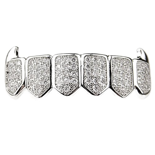 Vampire Grillz CZ Micro Pave Premium Cubic Zirconia Bling Silver Tone Bottom Fang Teeth Dracula Hip Hop Mouth Grills