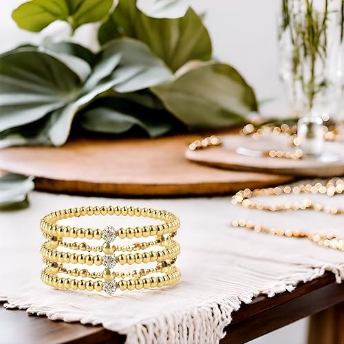 VZONE Gold Bead Bracelet for Women 14K Gold Bead Ball Bracelet Stretchable Elastic Hypoallergenic Bohemian Stackable Bracelet3