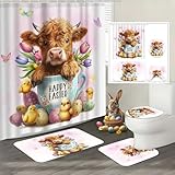 Lofaris 4pcs Shower Curtain Set with Non-Slip Rugs Easter Highland Cow and Chicks Design Includes Shower Curtain Toilet Lid Cover and Bath Mat Polyester Fabric Bathroom Set with 12 Hooks