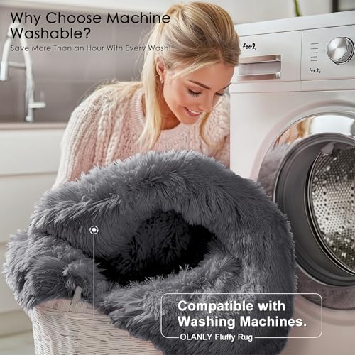 OLANLY Grey Round Rugs for Bedroom - Machine Washable, 5 ft Circle Area Rugs for Living Room, Soft and Fluffy Shaggy Carpet for Teen Girls and Boys, Nursery Rooms, Dorms, Home Decor Aesthetic