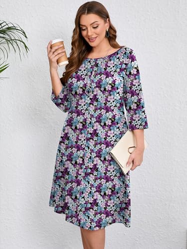 Image of AusLook Women's Plus Midi Dresses Crew Neck A Line 3 /4 Sleeves Casual Elegant Loose Wedding Vacation Dress with Pockets