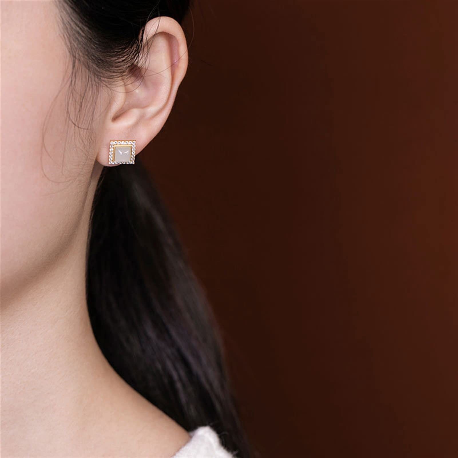 Pendientes de plata S925 chapados en oro con jade hetiano, pendientes geométricos femeninos, pendientes de plata para novia