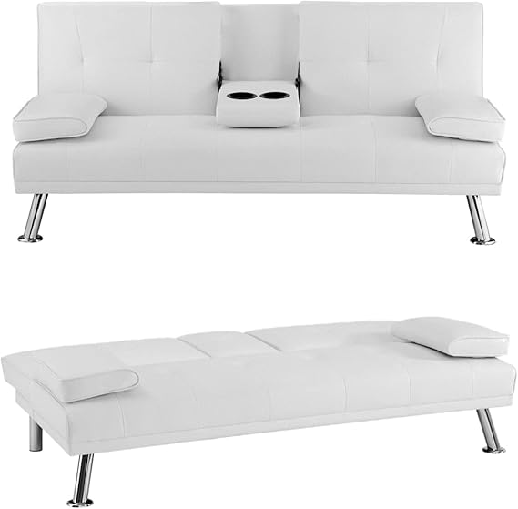 Futon Sofa Bed, Faux Leather Futon Couch with Armrest and 2