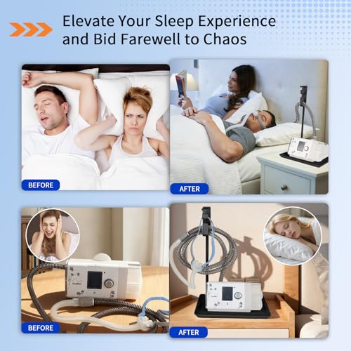 Image of CPAP Hose Holder for Bed - (Wall-Damage-Free) Black CPAP Machine Protective Tray with Adjustable Height Hook for Hanging Mask & Accessories to Keep Bedside Tidy