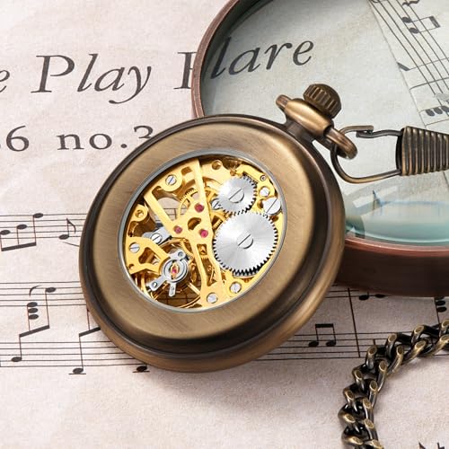 Image of ShoppeWatch Mens Pocket Watch with Chain | Classic Hand Wind Mechanical Movement | Open Face Pocketwatch ad Chain - 1920s Railroad Steampunk Costume Accessory